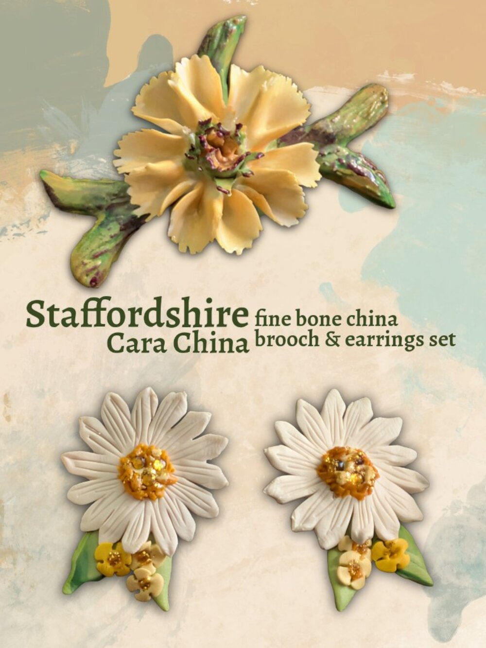 Vintage Cara China Bone China Daisy/Peony Floral Brooch & Earrings Set